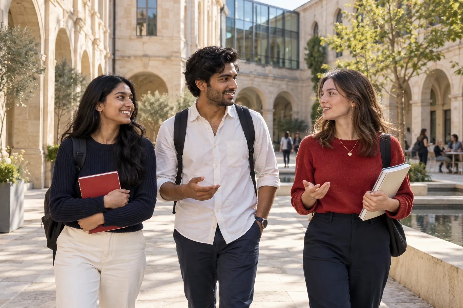 Illustrative student-life scene with three young adults in conversation