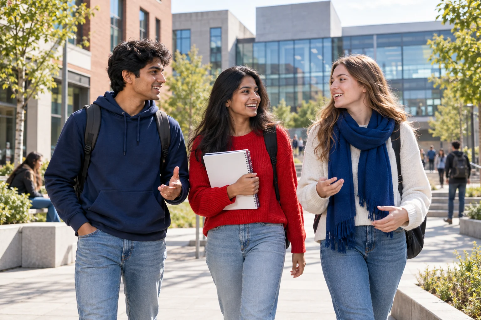 Illustrative student-life scene with three young adults in conversation