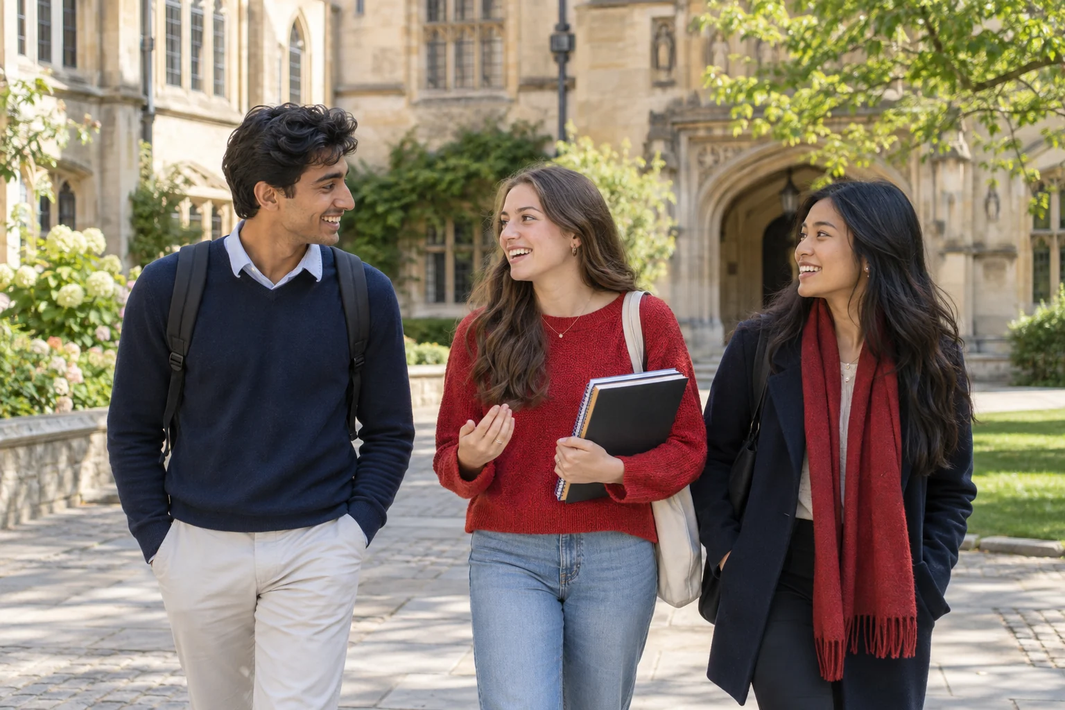 Illustrative student-life scene with three young adults in conversation