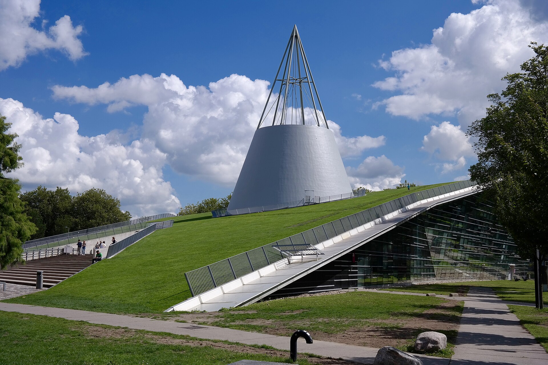 TU Delft Library with its grass roof and iconic cone