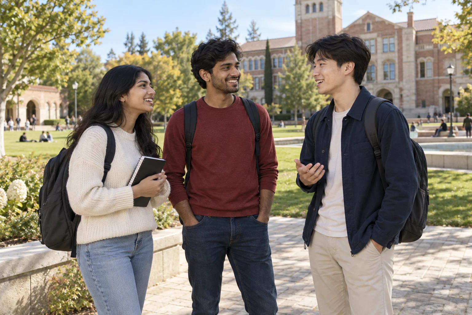 Illustrative student-life scene with three young adults in conversation