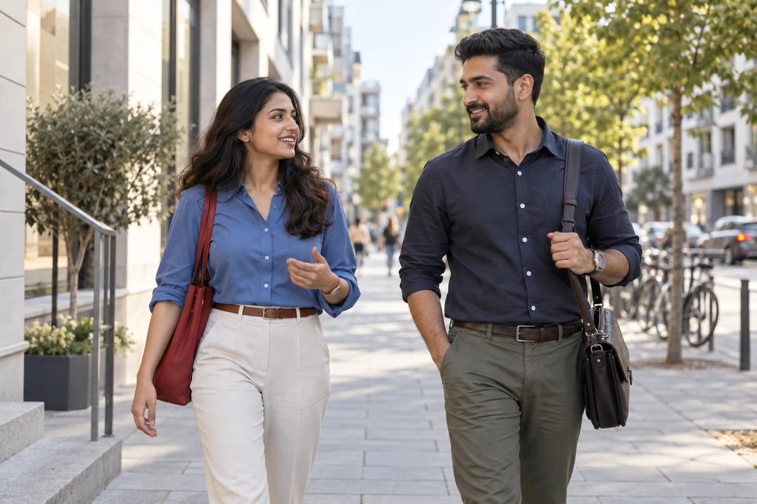 Young professionals walking together in a bright city neighbourhood
